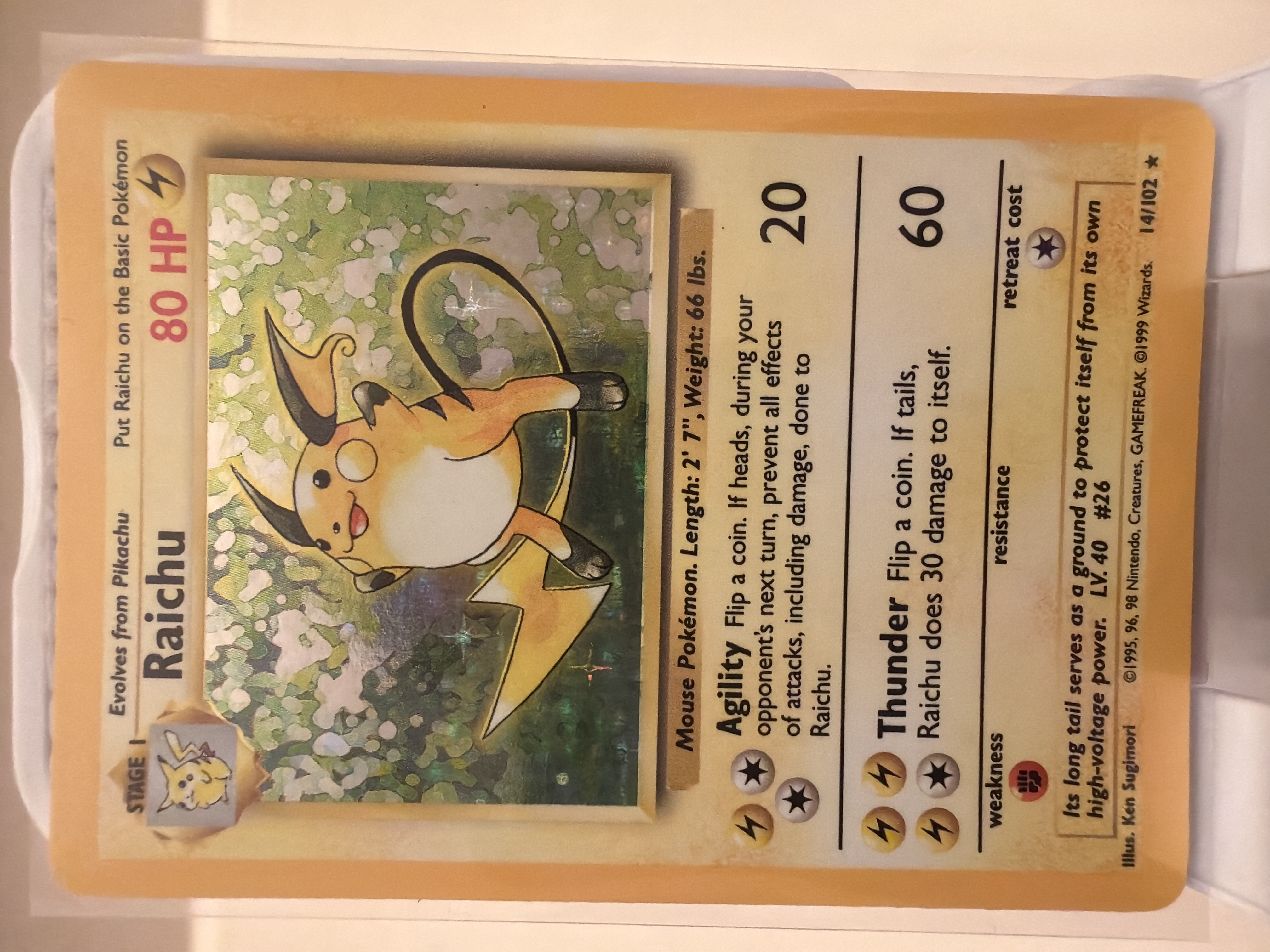 1995 raichu pokemon card 1995-99 Raichu 80HP Holographic Pokemon Card 14/102 1st Edition