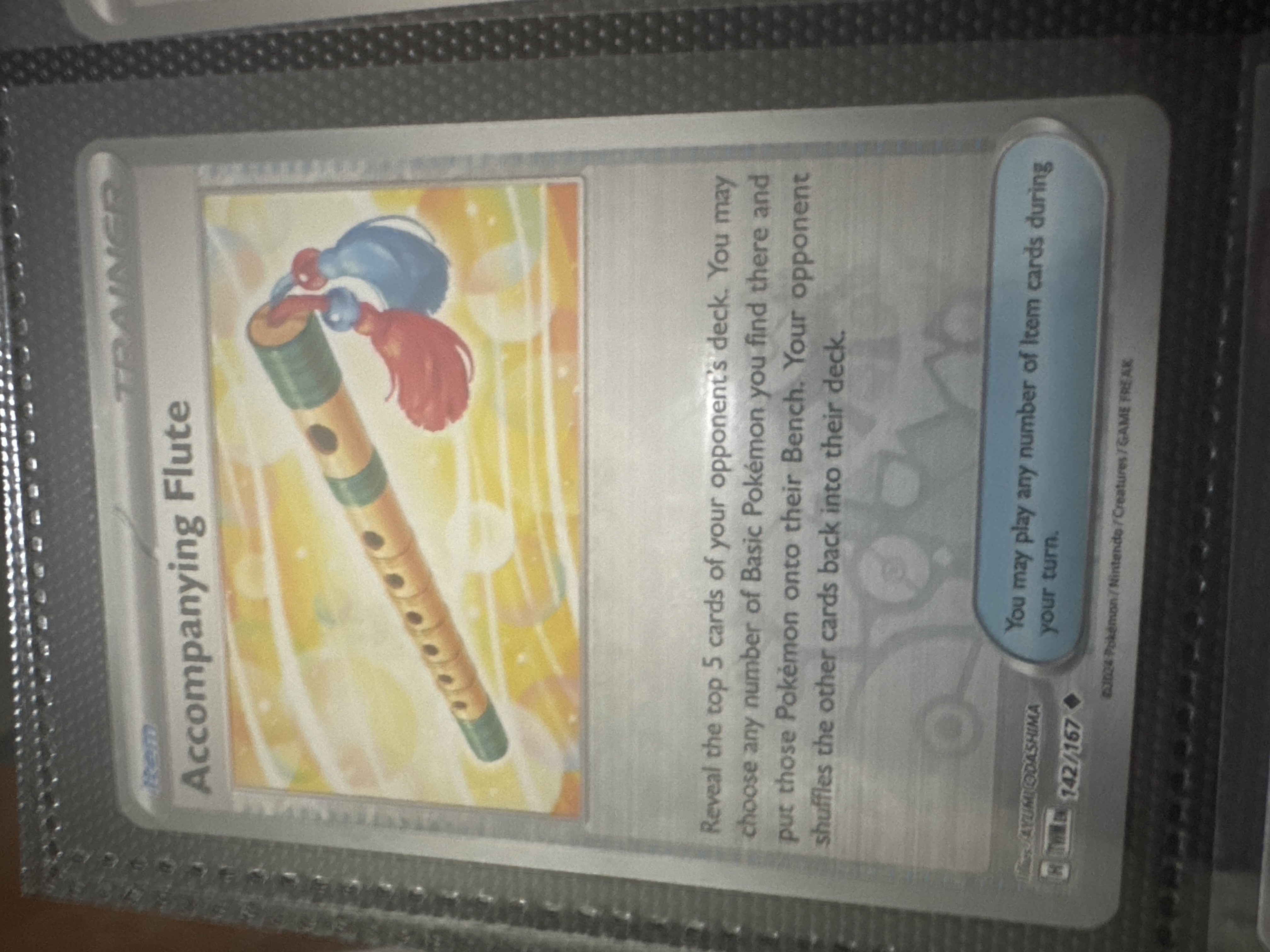 accompanying flute pokemon card 142/167 Uncommon Pokmon Accompanying Flute Trainer Accompanying Flute (142) 2024 Pokemon