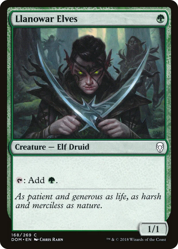 Llanowar Elves showing the Creature Elf Druid type line and 1/1 power and toughness