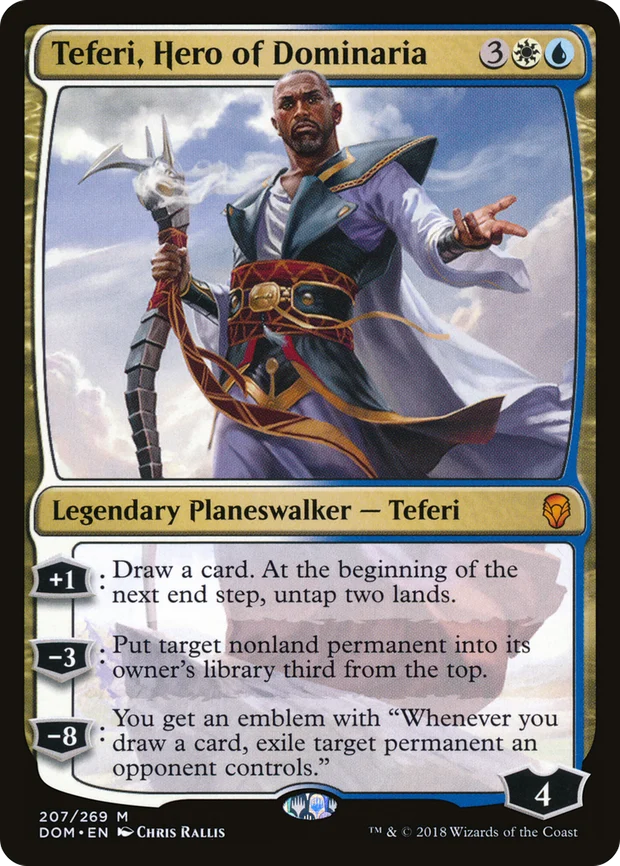 Teferi, Hero of Dominaria planeswalker showing starting loyalty of 4 and the mythic rarity symbol