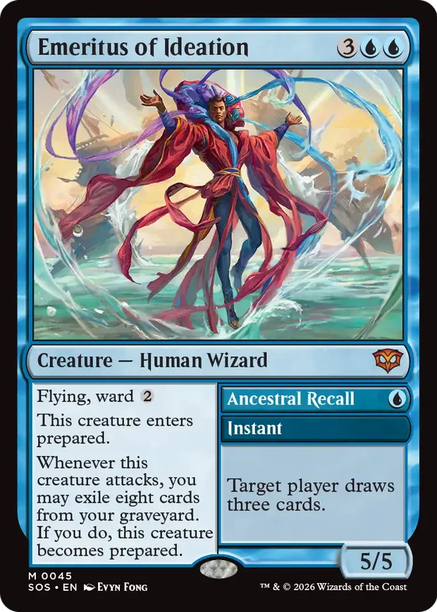 Emeritus of Ideation, the serialized headliner of Secrets of Strixhaven