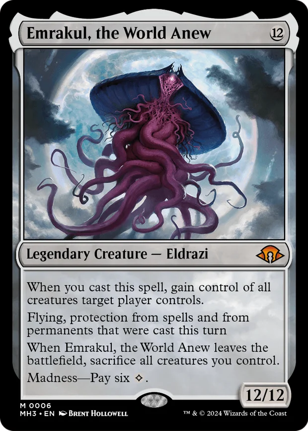 Emrakul, the World Anew from Modern Horizons 3, printed as a serialized Eldrazi titan