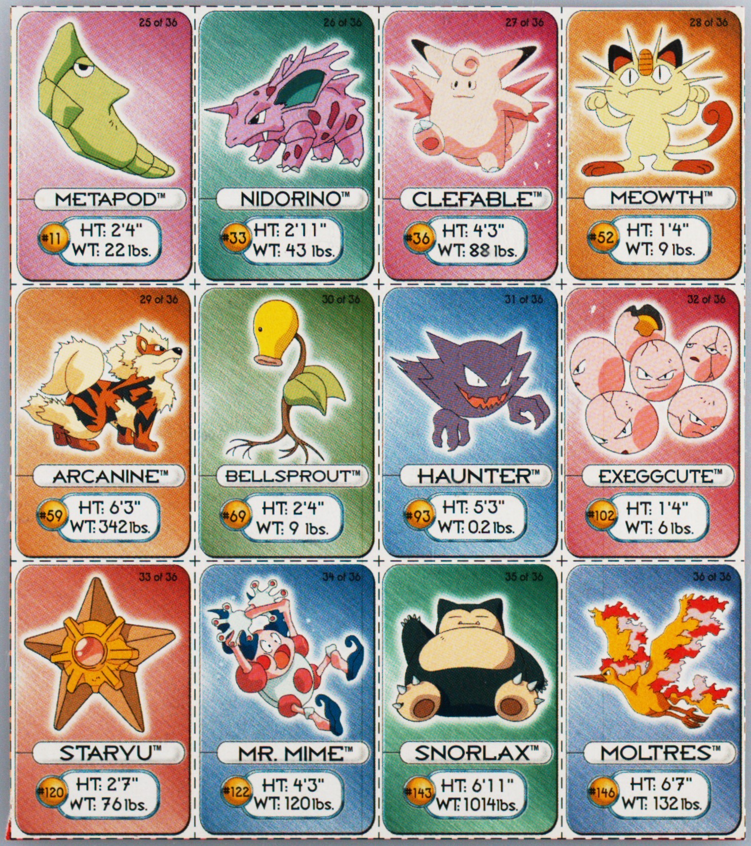 Arcanine/Bellsprout/Clefable/Exeggcute/Haunter/Meowth/Metapod/Moltres/Mr. Mime/Nidorino/Snorlax/Staryu