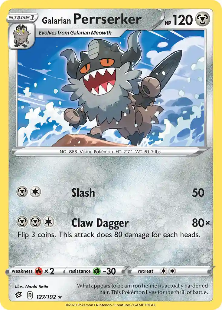 Galarian Perrserker-Reverse Foil (127) 2020 Pokemon Sword & Shield Rebel Clash